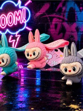 Cute Labubu / Bunny Keychain - Pink, Teal & Gray